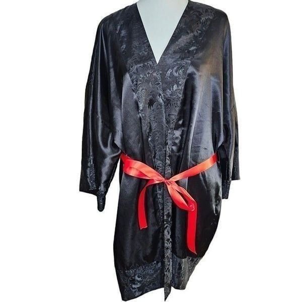 Vintage Gold Label Victorias Secret Robe Womens One Size OS Black Satin Short