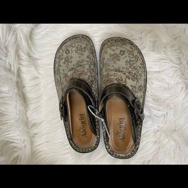 Alegria By Lite Seville green floral leather suede clogs 7