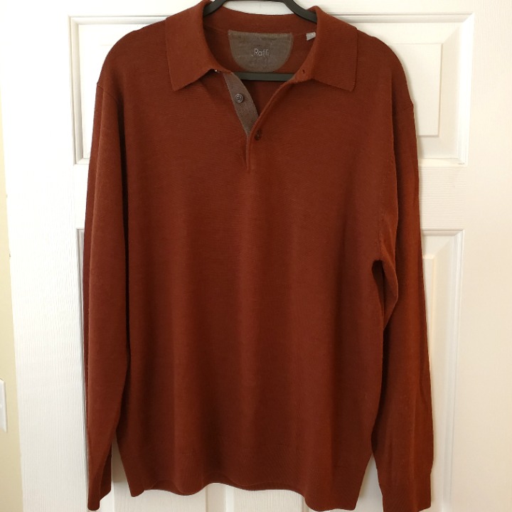 Raffi Long Sleeve Extra Fine Merino Wool Rust Spice 3 button Collared Sweater L