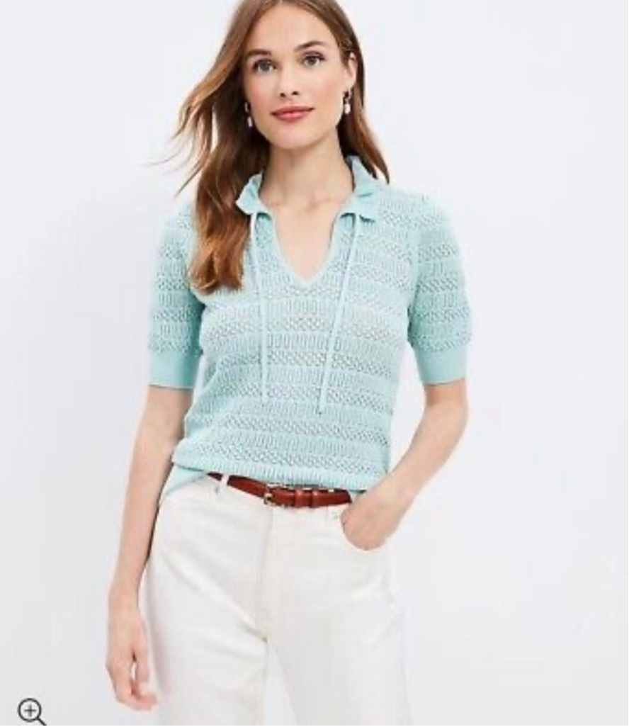 LOFT Pointelle Tie Neck Crochet Sweater Tee - Mint - Size Medium