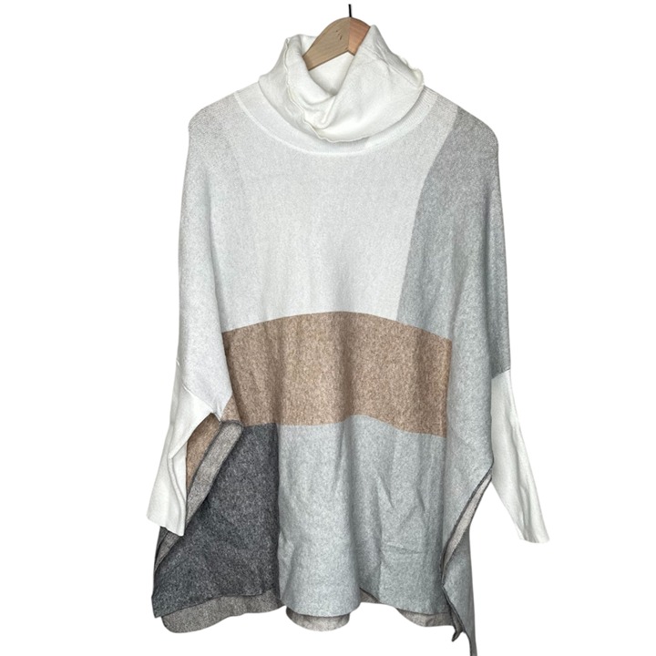 Joseph Ribkoff Womens Colorblock White Gray Knit Cowl Neck Poncho Sweater XS