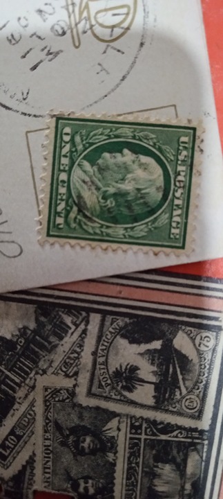 1c Ben Franklin stamp and 1911 post card