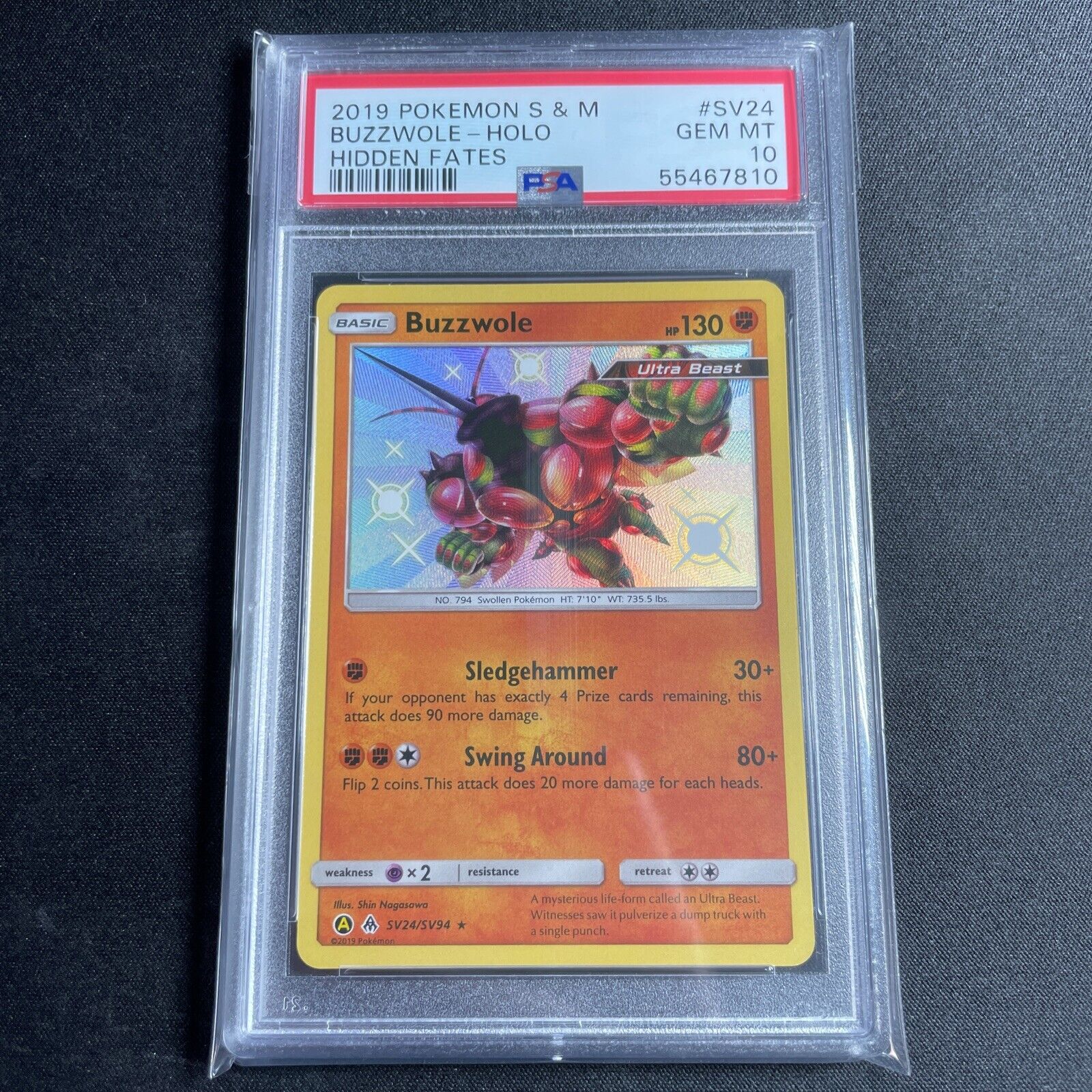 Pokemon Buzzwole SV24/SV94 Shiny Holo Rare Hidden Fates PSA 10 Gem Mint