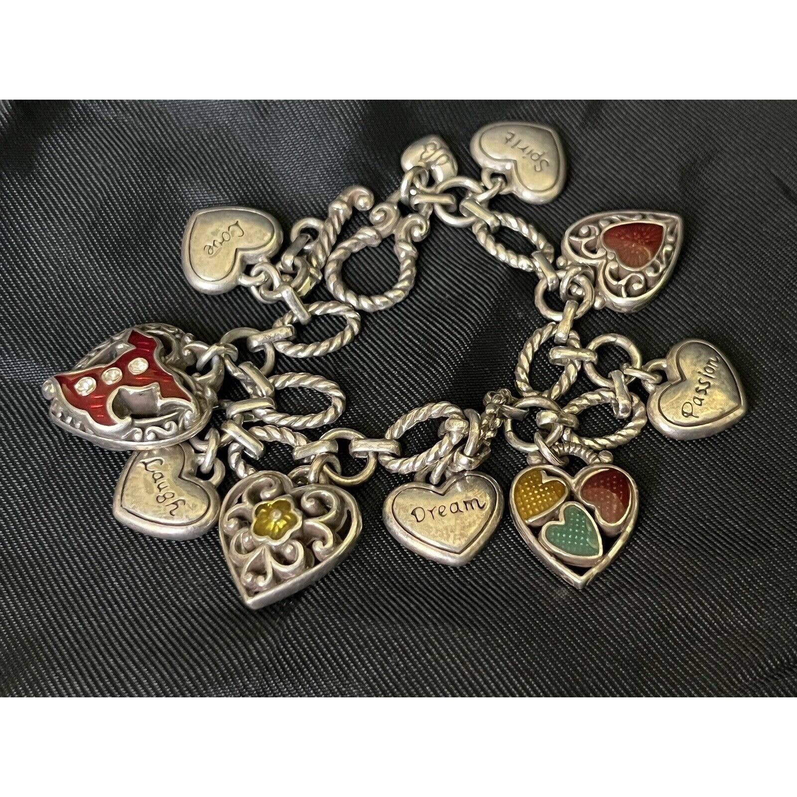 Brighton 2005 Go Red Charm Bracelet Dream Laugh Passion... Enamel Silver Tone