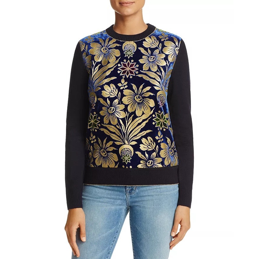 Tory Burch Hollis Floral Foil Print Velvet Front Navy Crewneck Sweater Size XL
