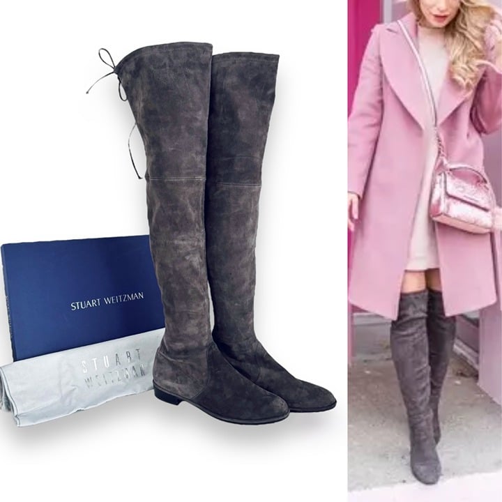 NWT NIB 950 Stuart Weitzman Lowland Suede Over the Knee, Grey, Size 10