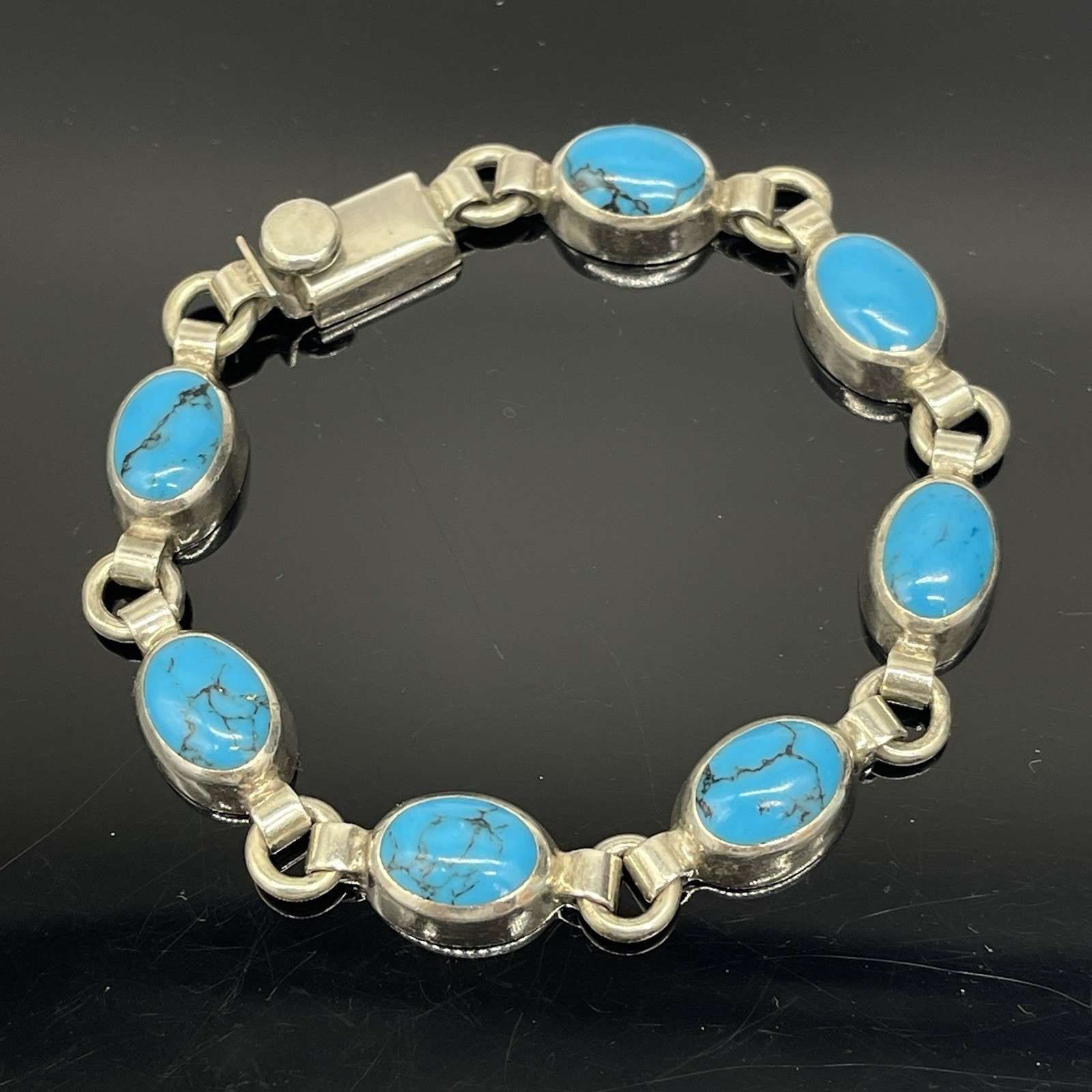 TAXCO Sterling Silver Oval Turquoise Inlay Link Bracelet 7” Mexico 925 TC-174