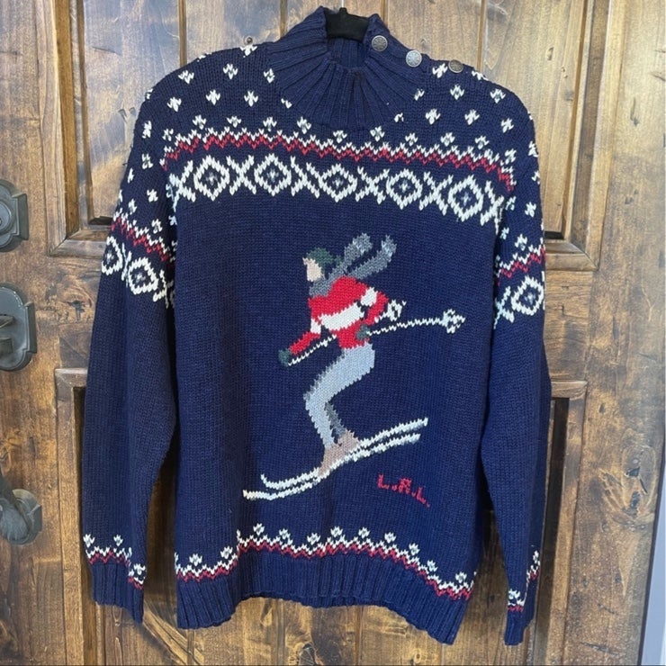 RALPH LAUREN Exclusive Hand Knit Skier Sweater 5 Snow Flake Buttons Womens Large