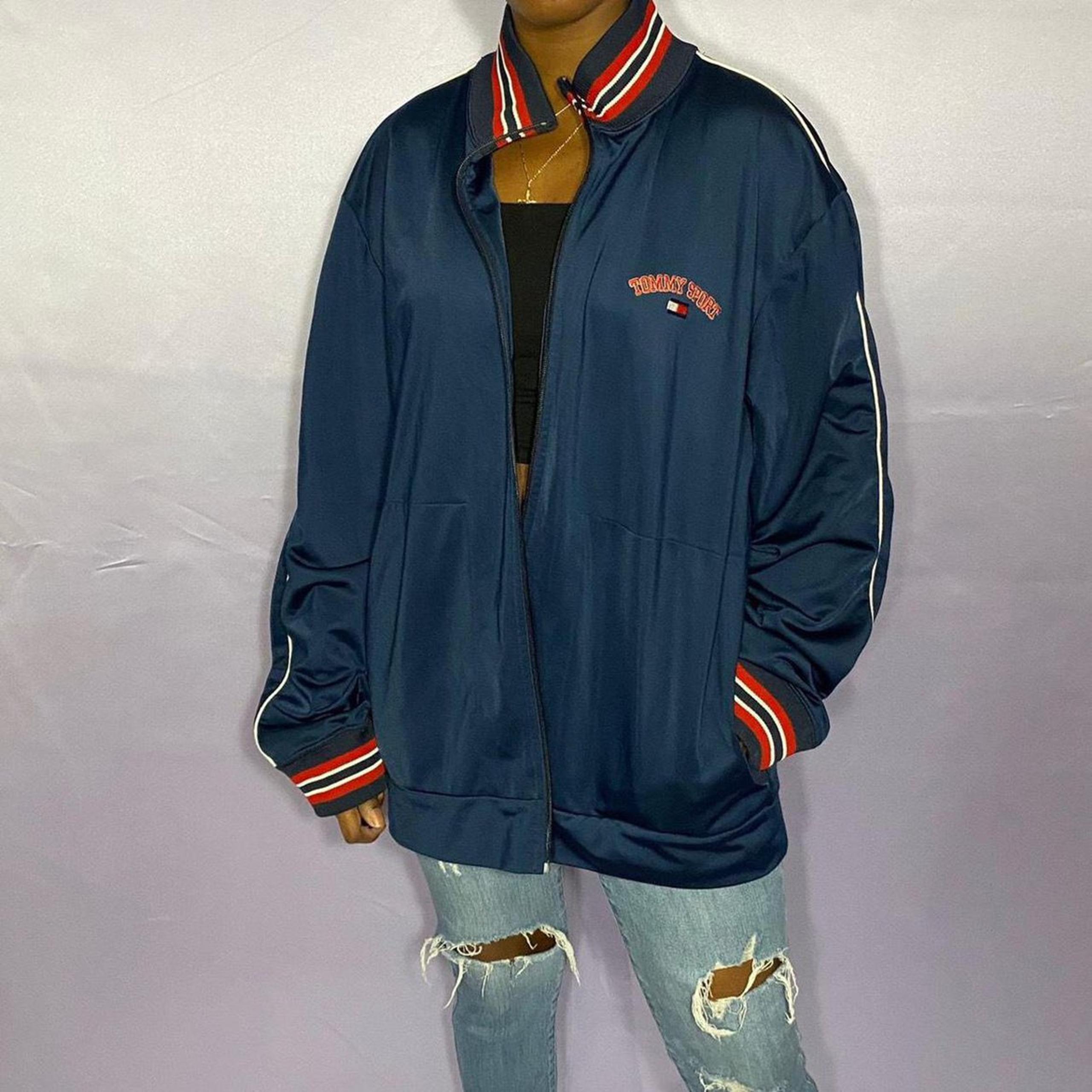 Tommy Jeans Navy blue sport track jacket with red and white trimming and the col