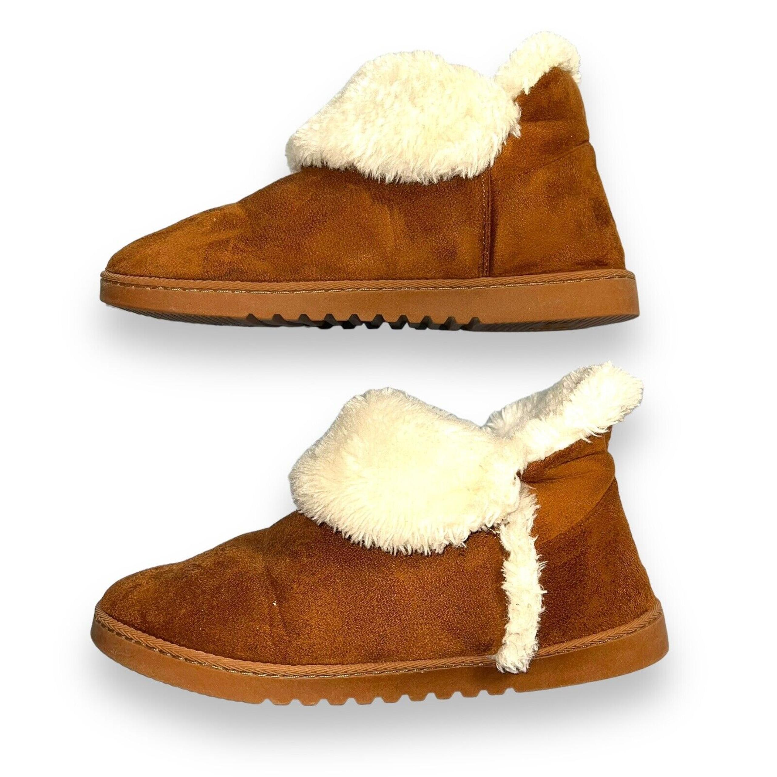 Womens Faux Suede Fleece Lined Booties Shoes Slip On Brown Beige XL 9 10