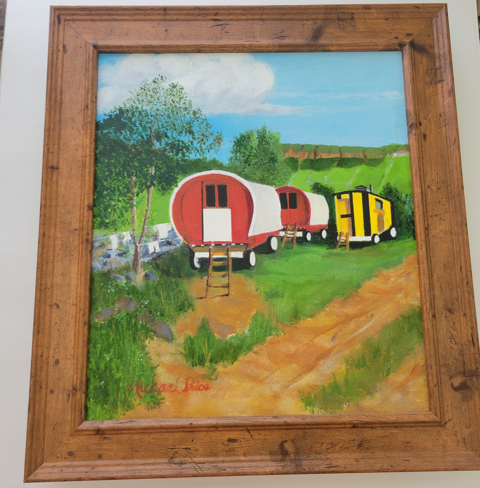 Acrylic On Canvas Painting Signed Michael Rios Gypsy Caravans Scene Framed 17x19