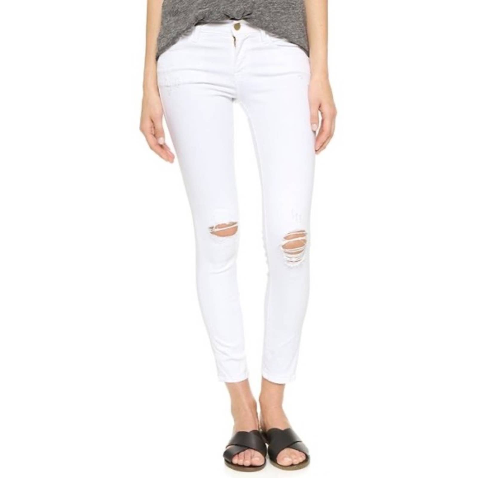 Frame Denim Womens Le Skinny de Jeanne Crop Distressed Jeans White Size 28