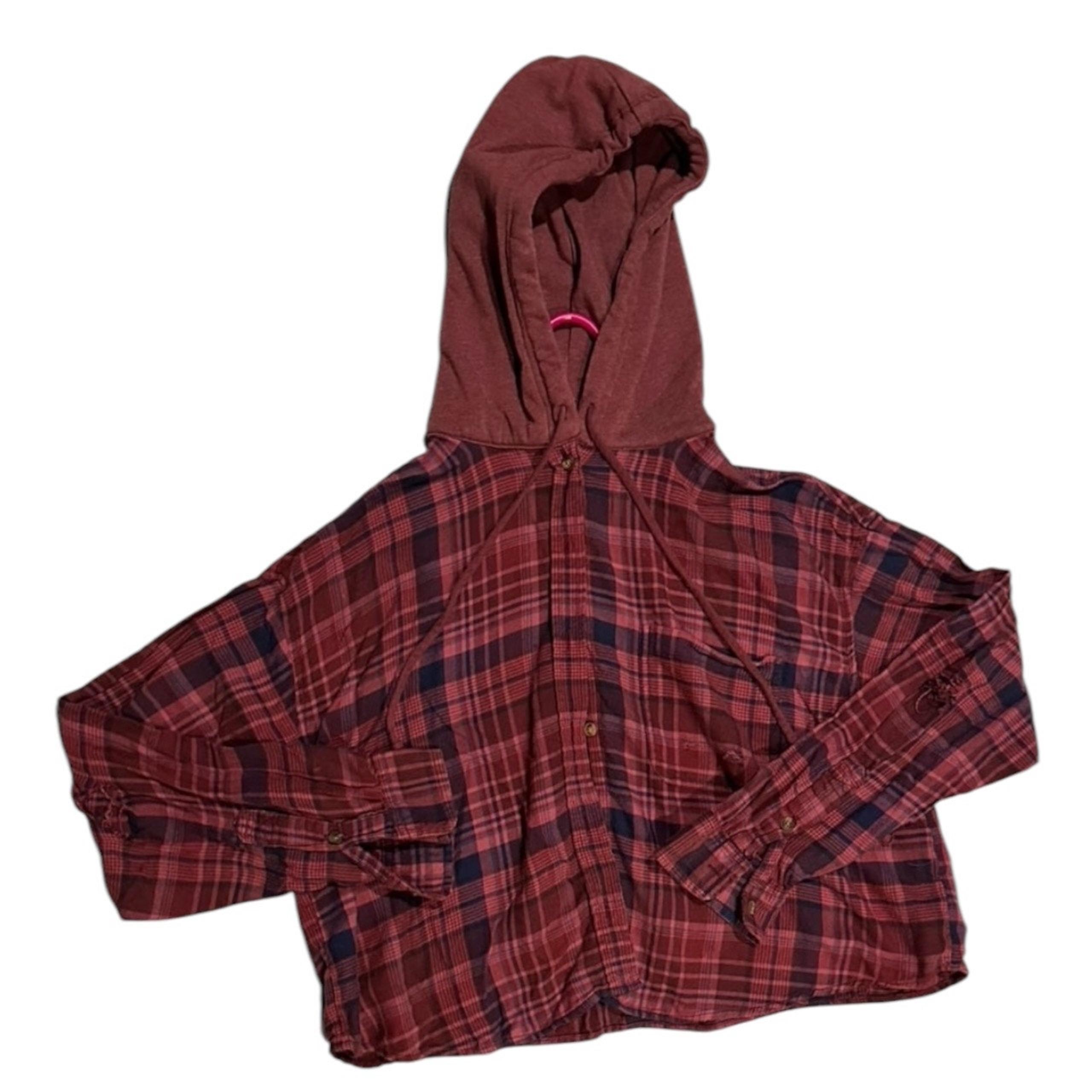 American Eagle Red Cropped Flannel with Hoodie