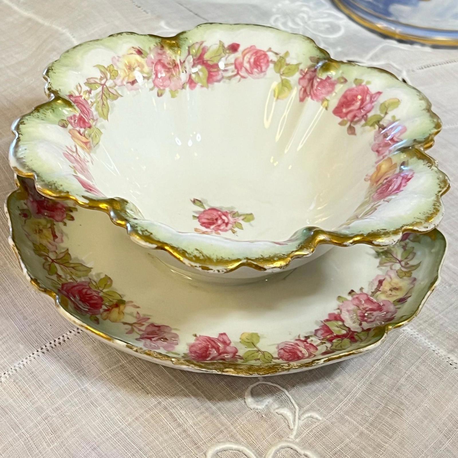 Haviland Limoges Bowl Pink with Saucer pink roses, green and gold trim.