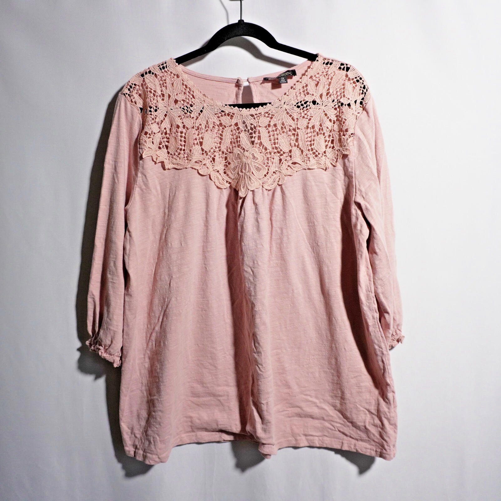 Suzanne Betro Pink Cotton Long Sleeve Boho Blouse Top Cottage Peasant 2X Eyelet