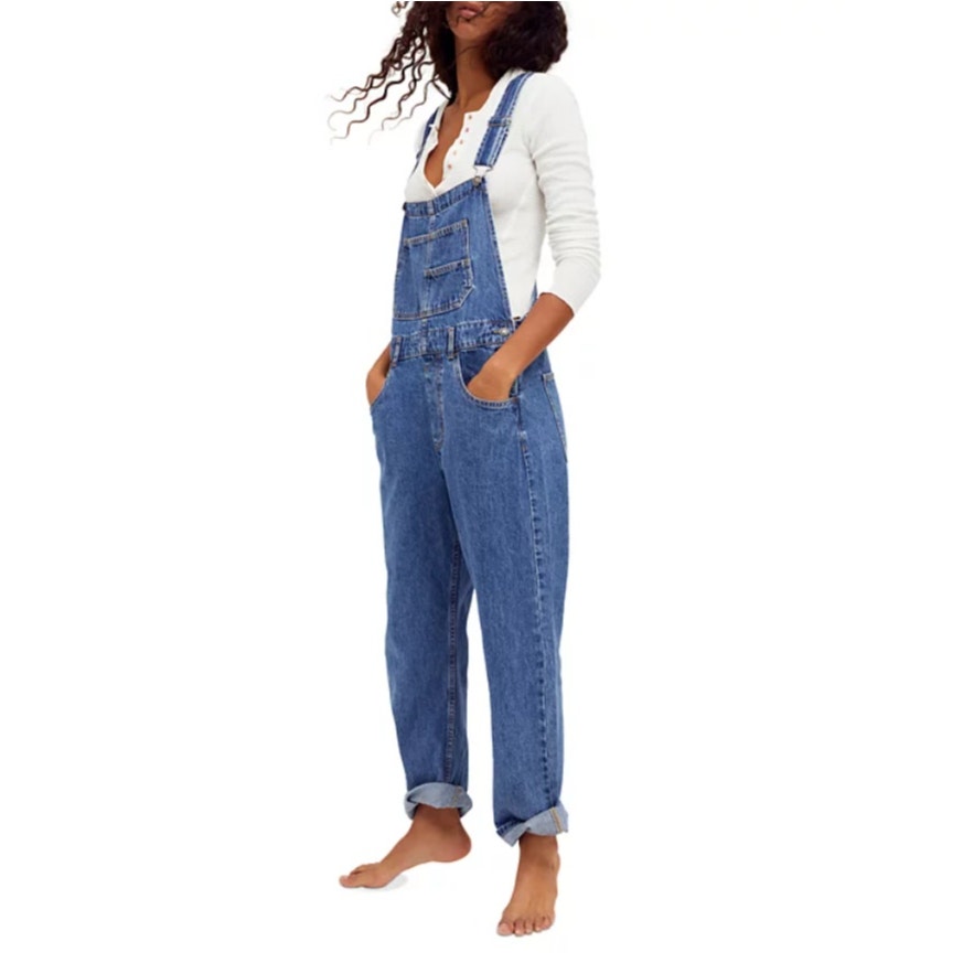 FREE PEOPLE WOMENS XLARGE ZIGGY COTTON BLUE DENIM OVERALLS NEW