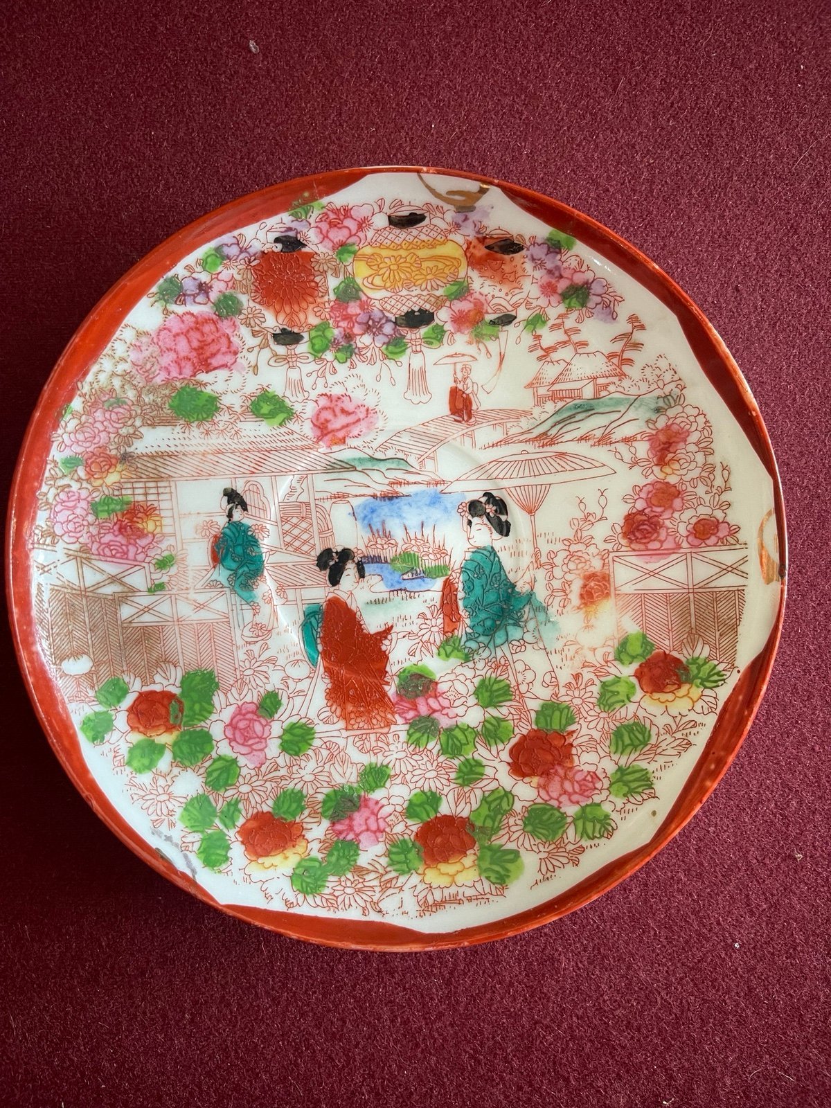 Japanese Women and Pagoda Saucers Antique Made in Japan Vintage Set of 6