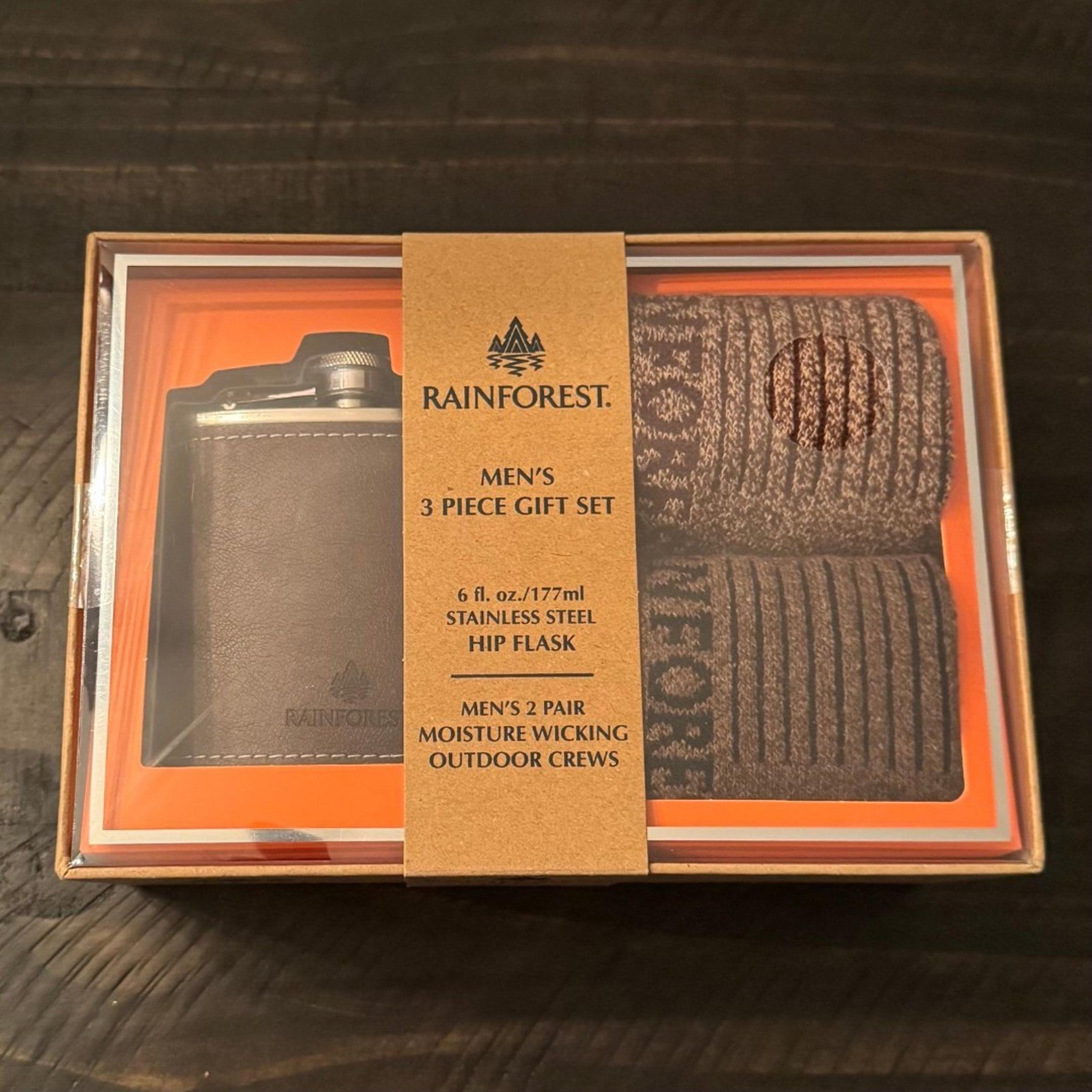 Rainforest Men’s 3 Piece Gift Box Set Flask and Socks Brand New! Brown