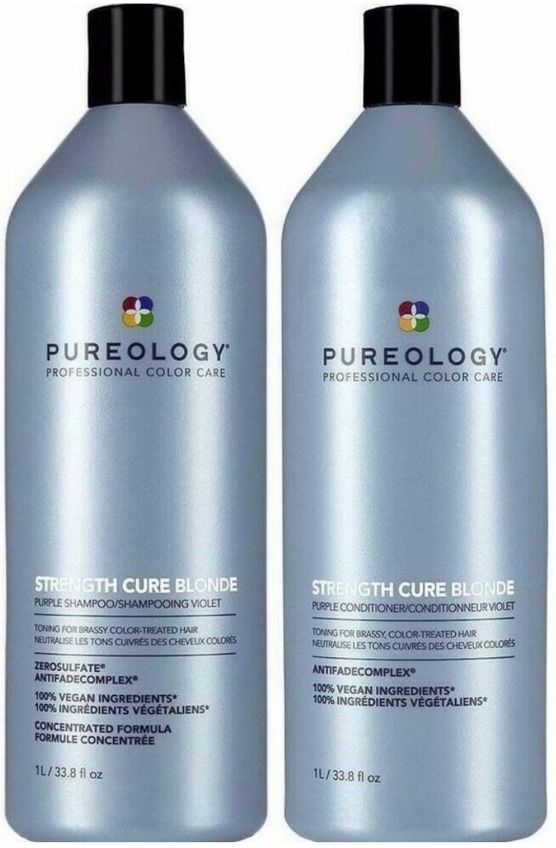NWT Pureology Strength Cure Blond Shampoo + Conditioner Liter Set & Pump Bundle