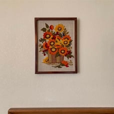 Vintage Mid Century Flower Crewel Art