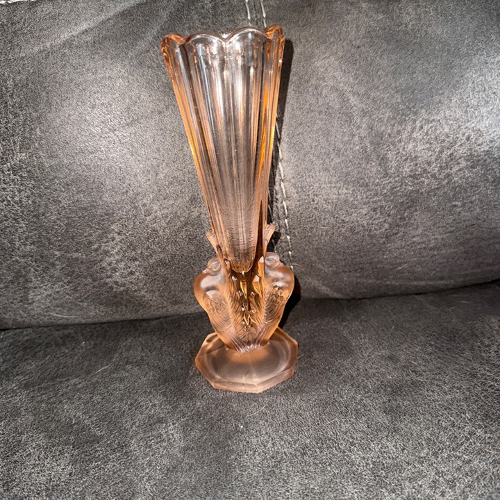Art Deco Josef Feigl Pink Glass Vase With Bird Motif & Fluted Design