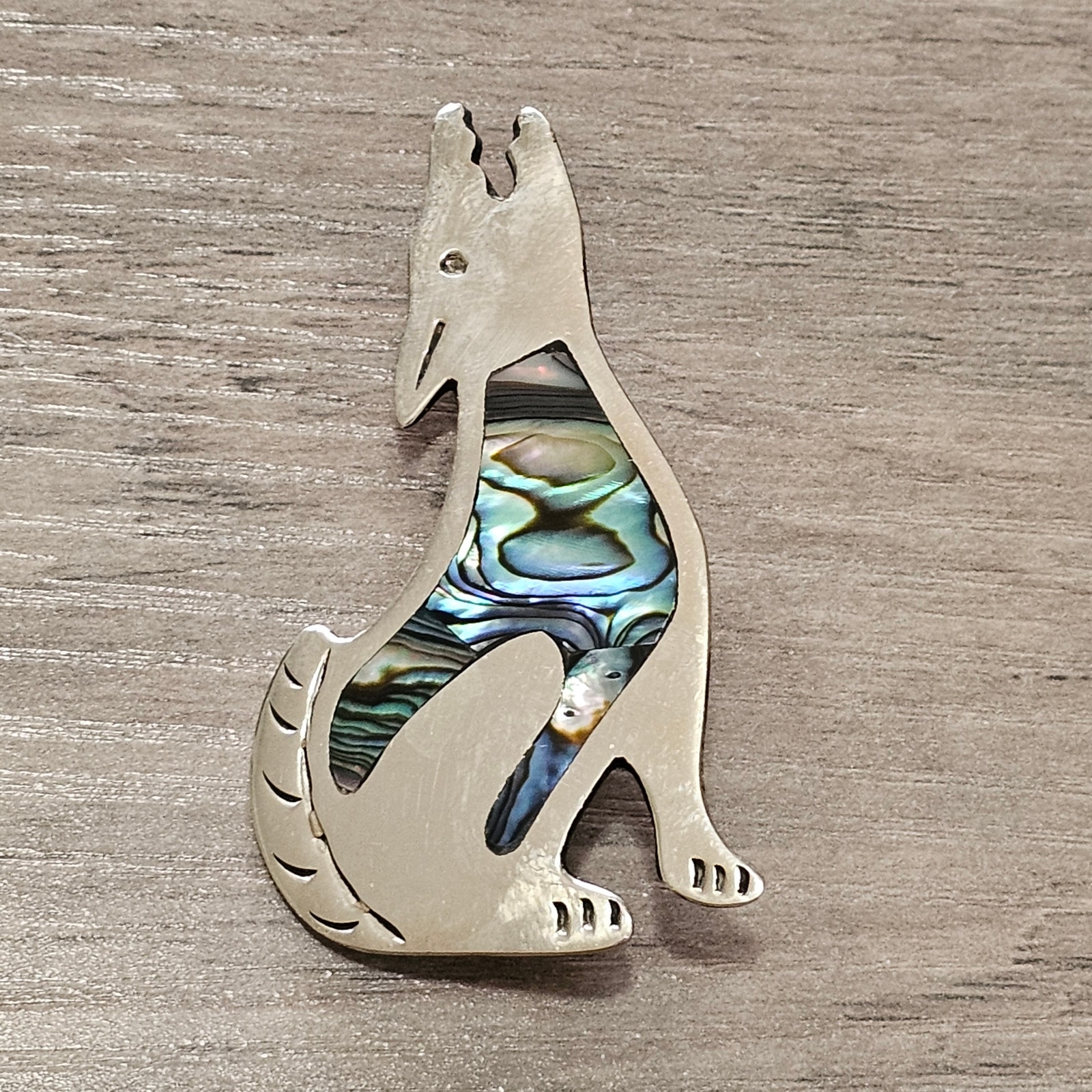 Vintage Alpaca Silver & Abalone Howling Wolf Brooch Pin
