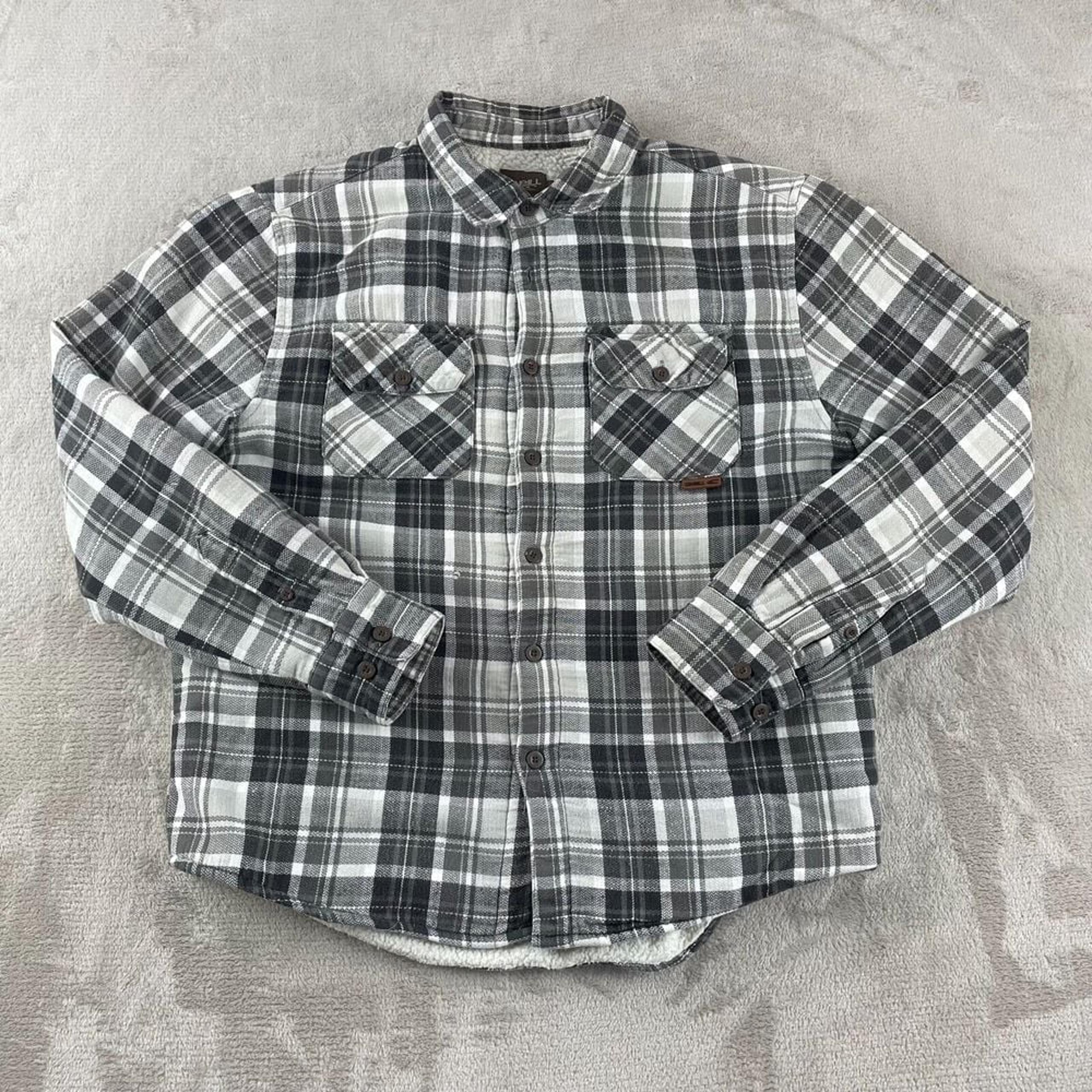 ONeill Sherpa Lined Flannel Shirt Men Medium Black Grey Plaid Sherpa Lined VTG