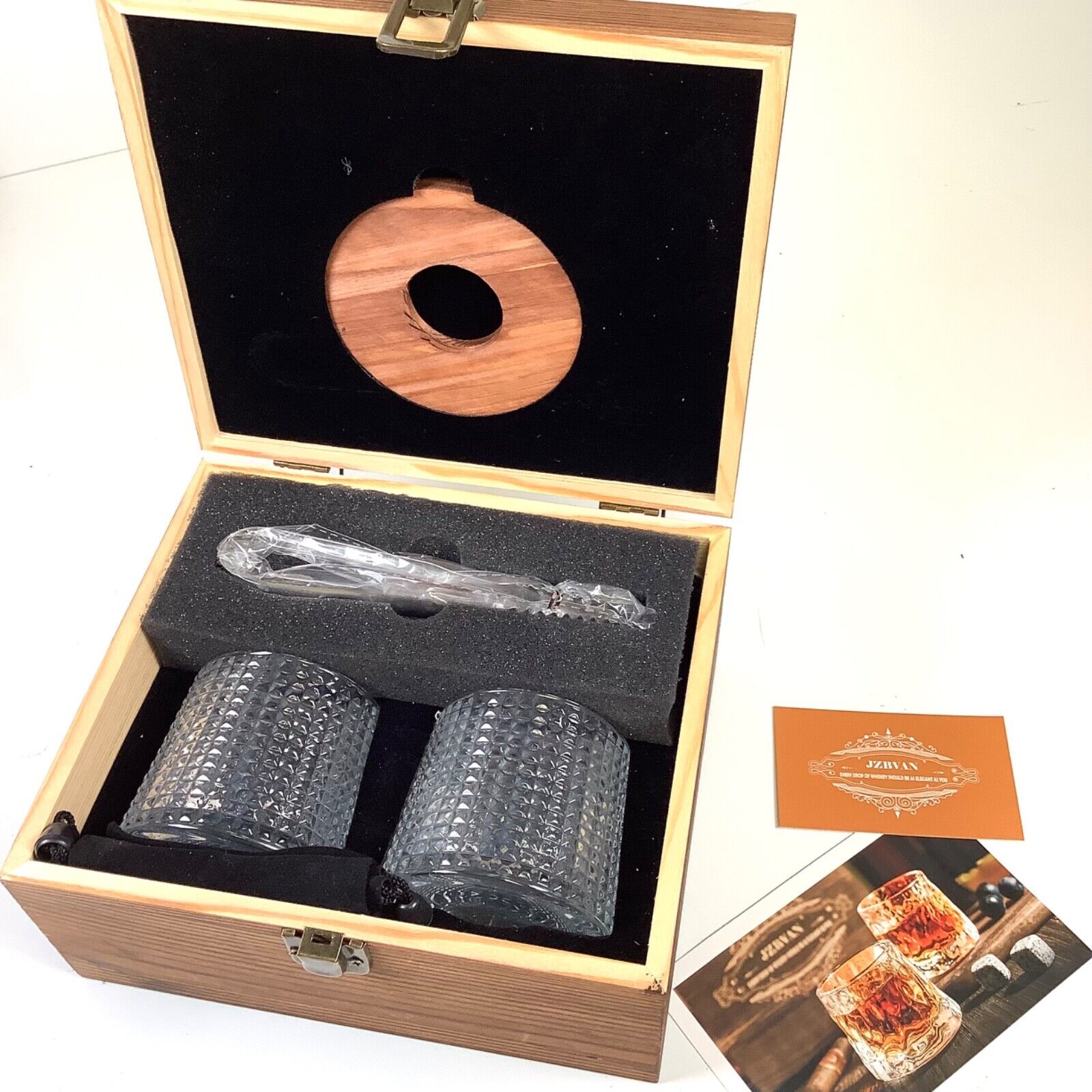 Pair Crystal Whiskey Glasses Gift Box Set Silk Lowball w/Rocks & Tongs JZBVAN