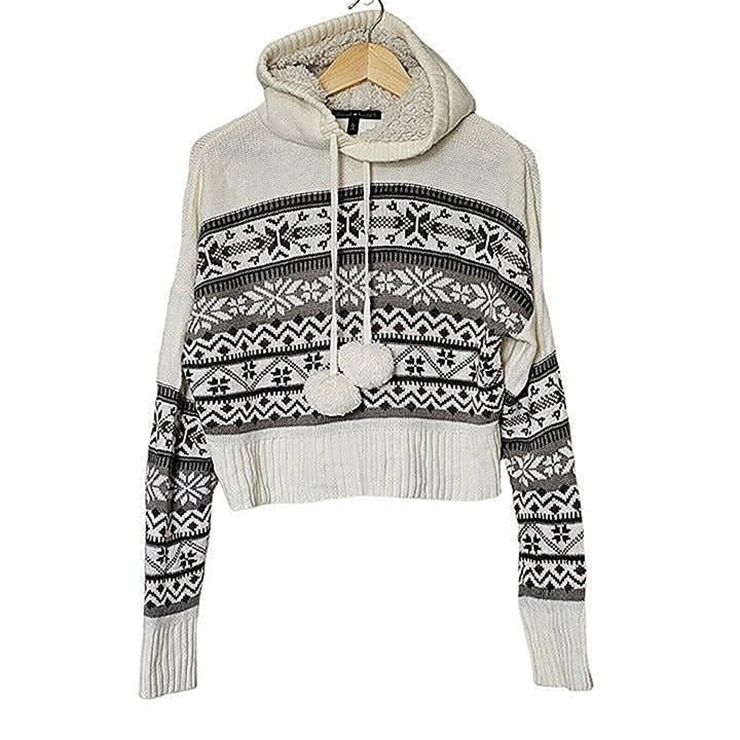 Derek Heart Women Sweater Size Large Ivory Snowflake Hood Crop Top Pom Pom