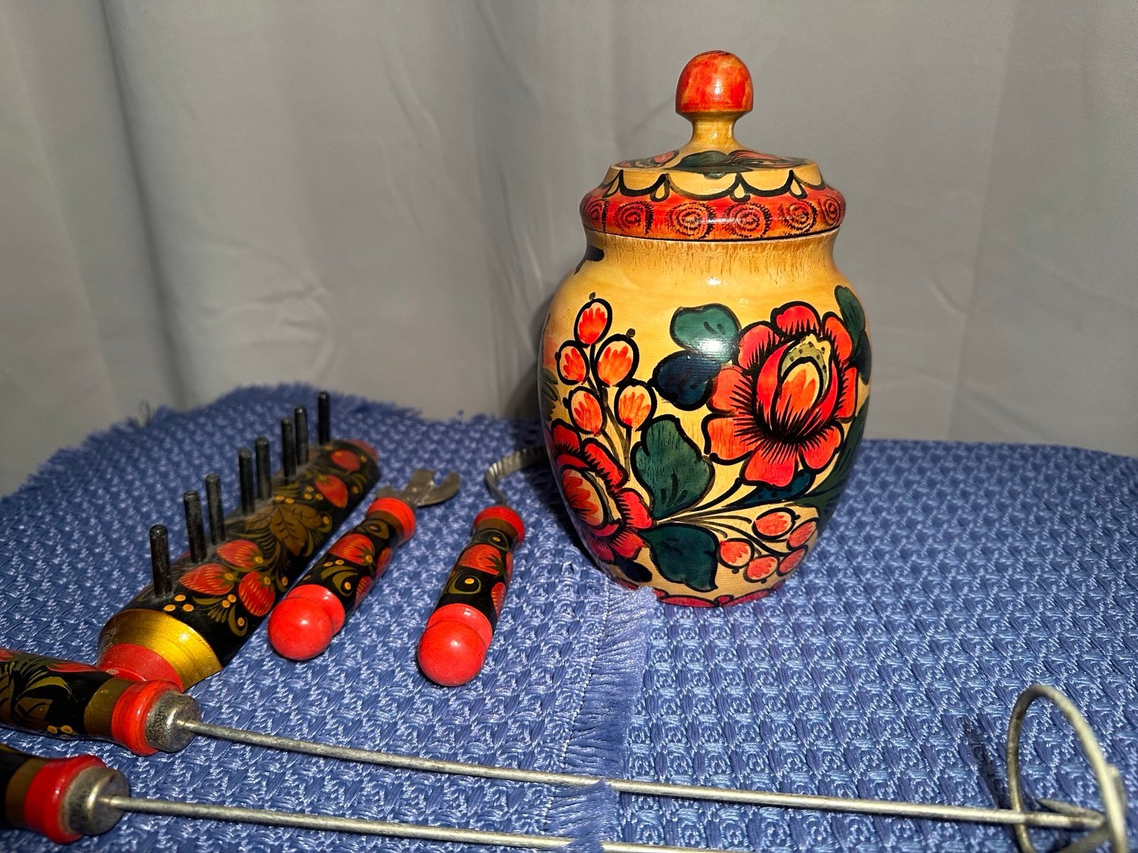 Vintage Russian Khokhloma Wood Hand Painted Lacquered Jar And Tools