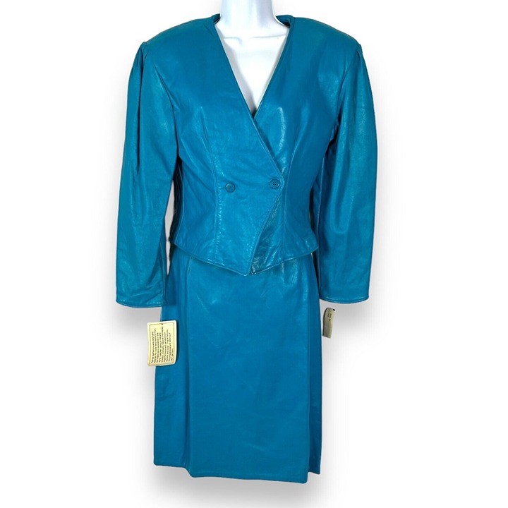 VTG 80s Firenze Santa Barbara Turquoise Blue Leather Suit Jacket & Skirt M NWT