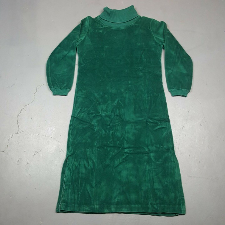 Vtg 70s Turtle Neck Velour Dress Womens Size 5 Green Long Sleeve Pull Over ILGWU