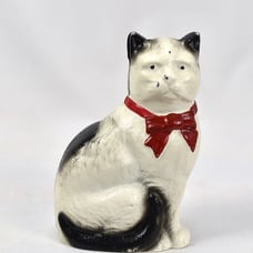 Vtg Cast Iron Still Bank Cat Red Bow