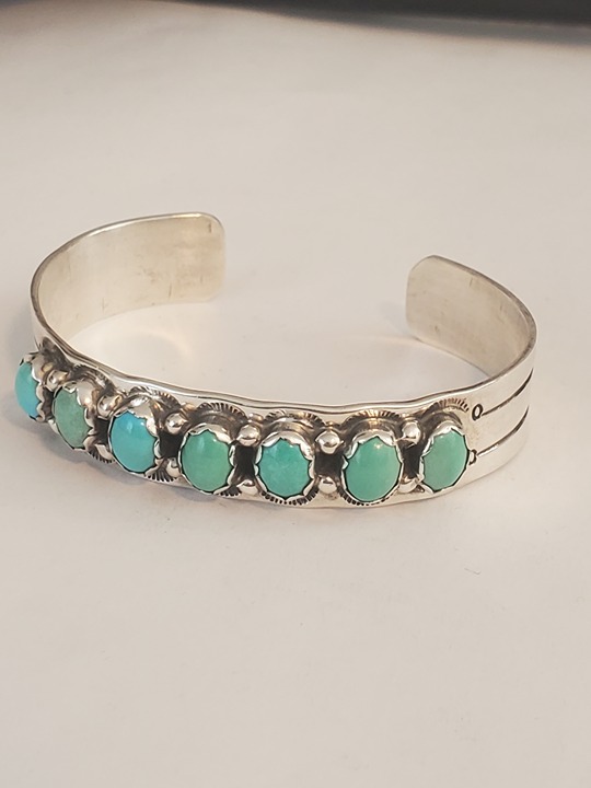 Vintage 925 sterling silver turquoise Rose Sweet signed cuff bracelet navajo