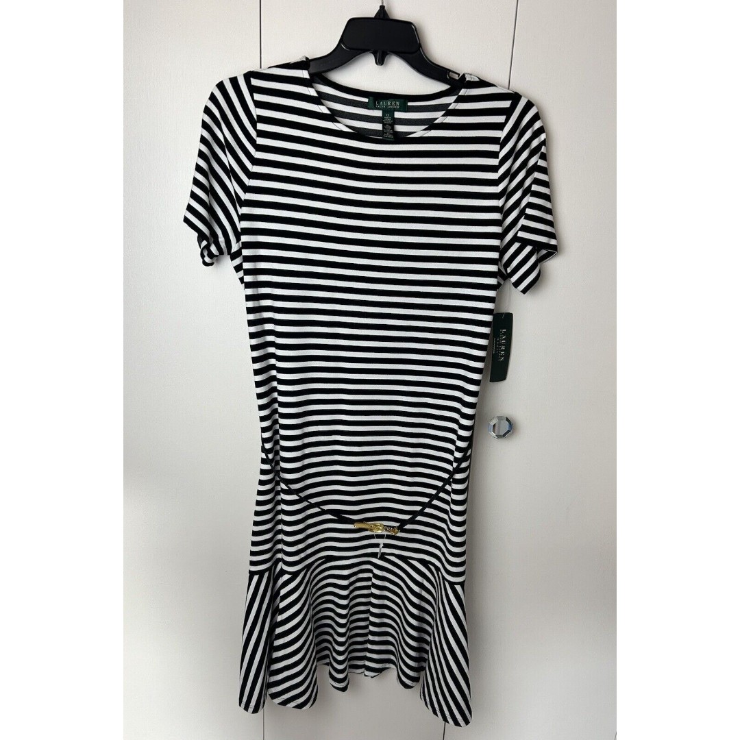 Lauren Ralph Lauren Womens 1X Dress shift midi peplum Belted Black White Stripes
