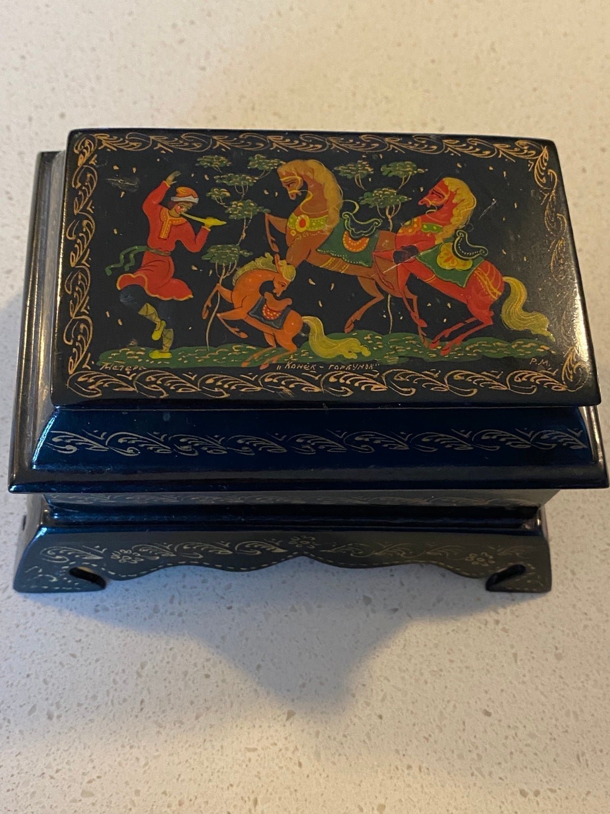 Russian Laquer Box purchased in the 1980’s. Two openings. 5.5” wide x 3.5” high