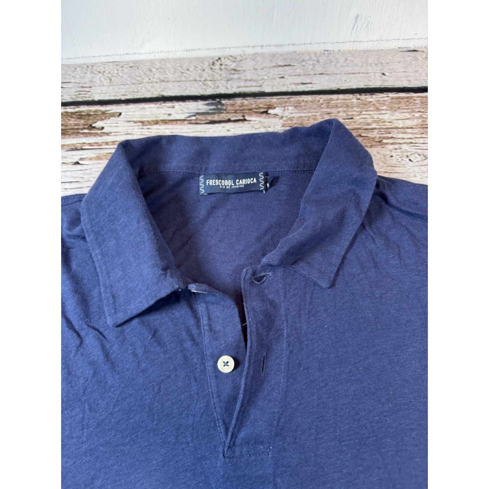 Frescobol Carioca Rio De Janeiro Cotton Linen Polo Shirt Mens Large Navy Blue