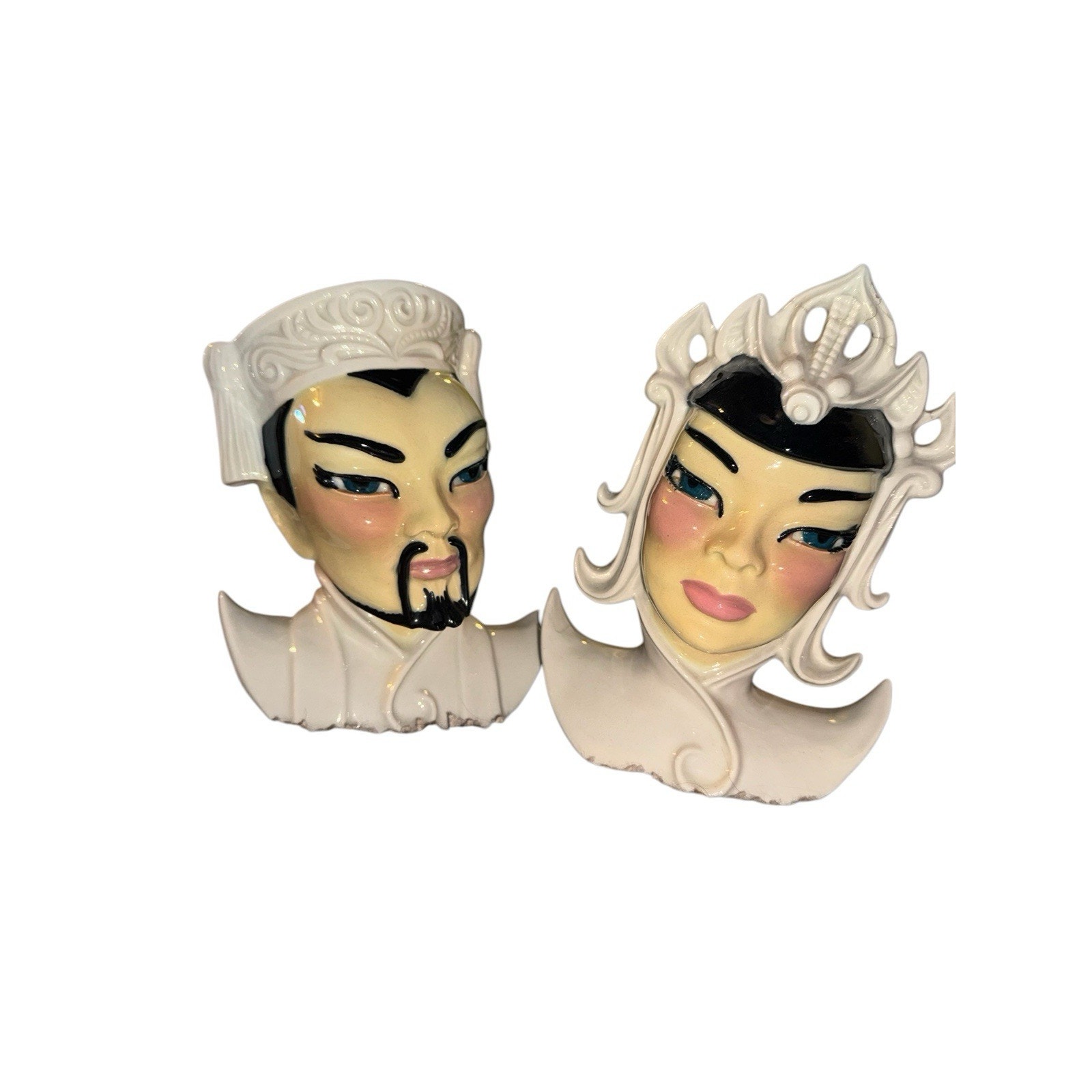 Vintage Head Vase Pair Ceramic Arts Studio Chinese Lotus & Manchu Pristine Cond.