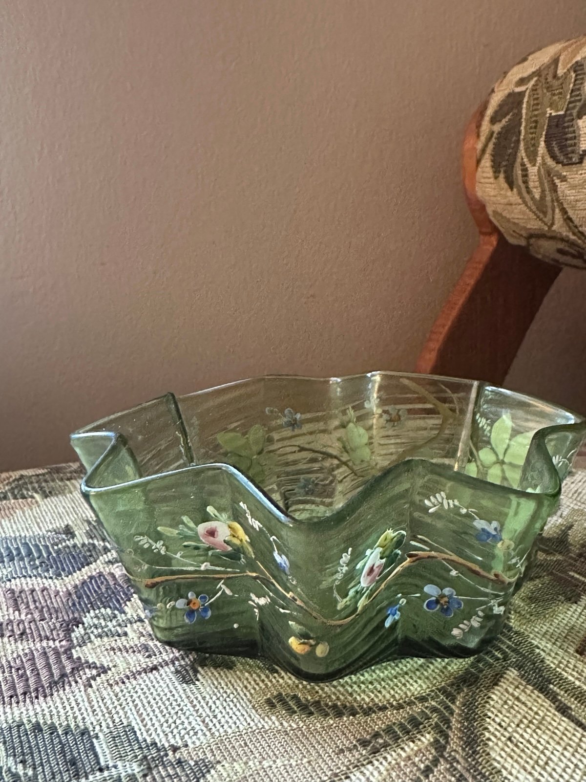 Vintage Viking Glass Candy Dish green hands painted Flowers MCM