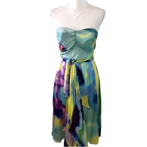 Christian Lacroix Dress Womens Size 6 Tie Dye Effect Silk Strapless Sash Waist