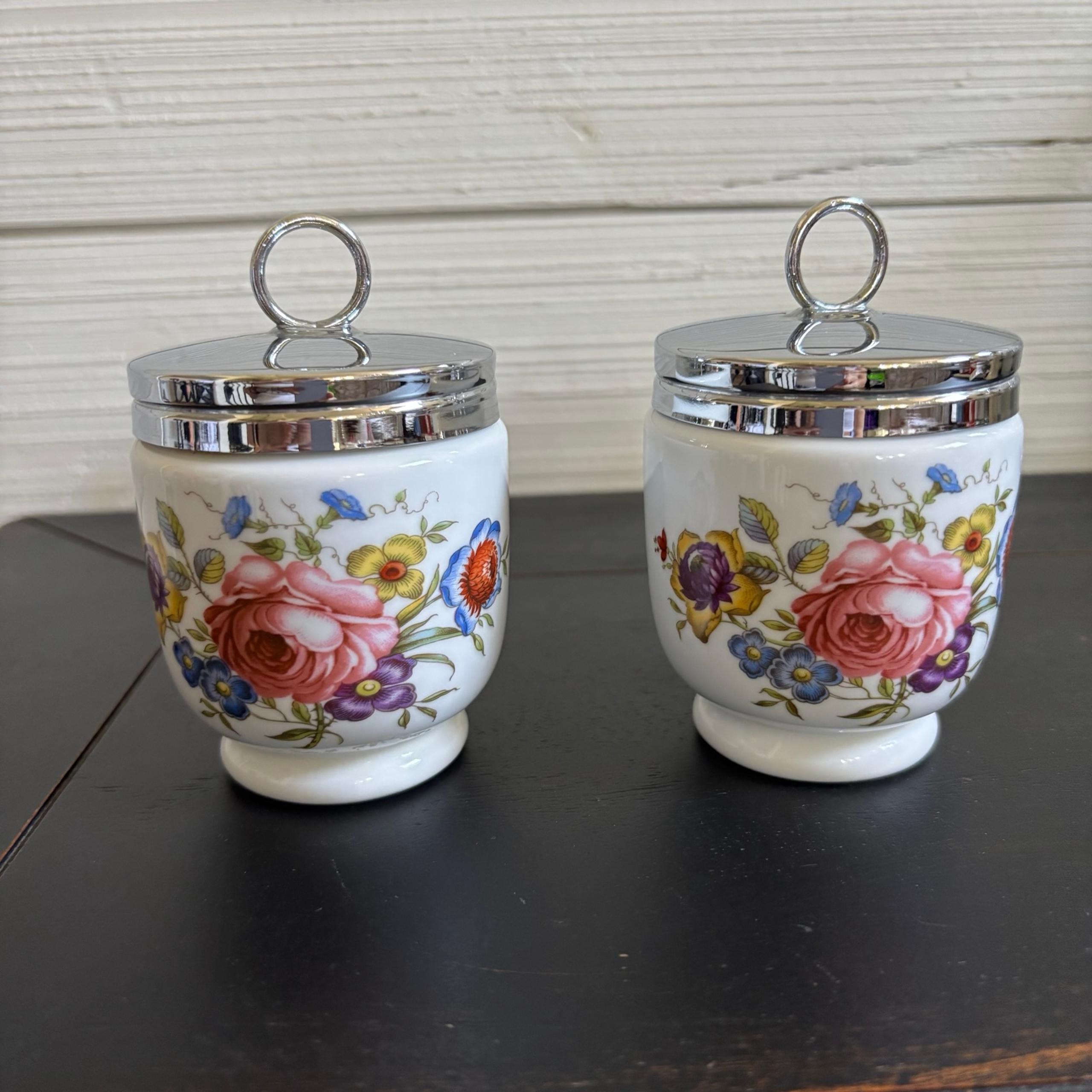 Royal Worcester England 3” Porcelain Set Of 2 Egg Coddlers Floral Flower Design