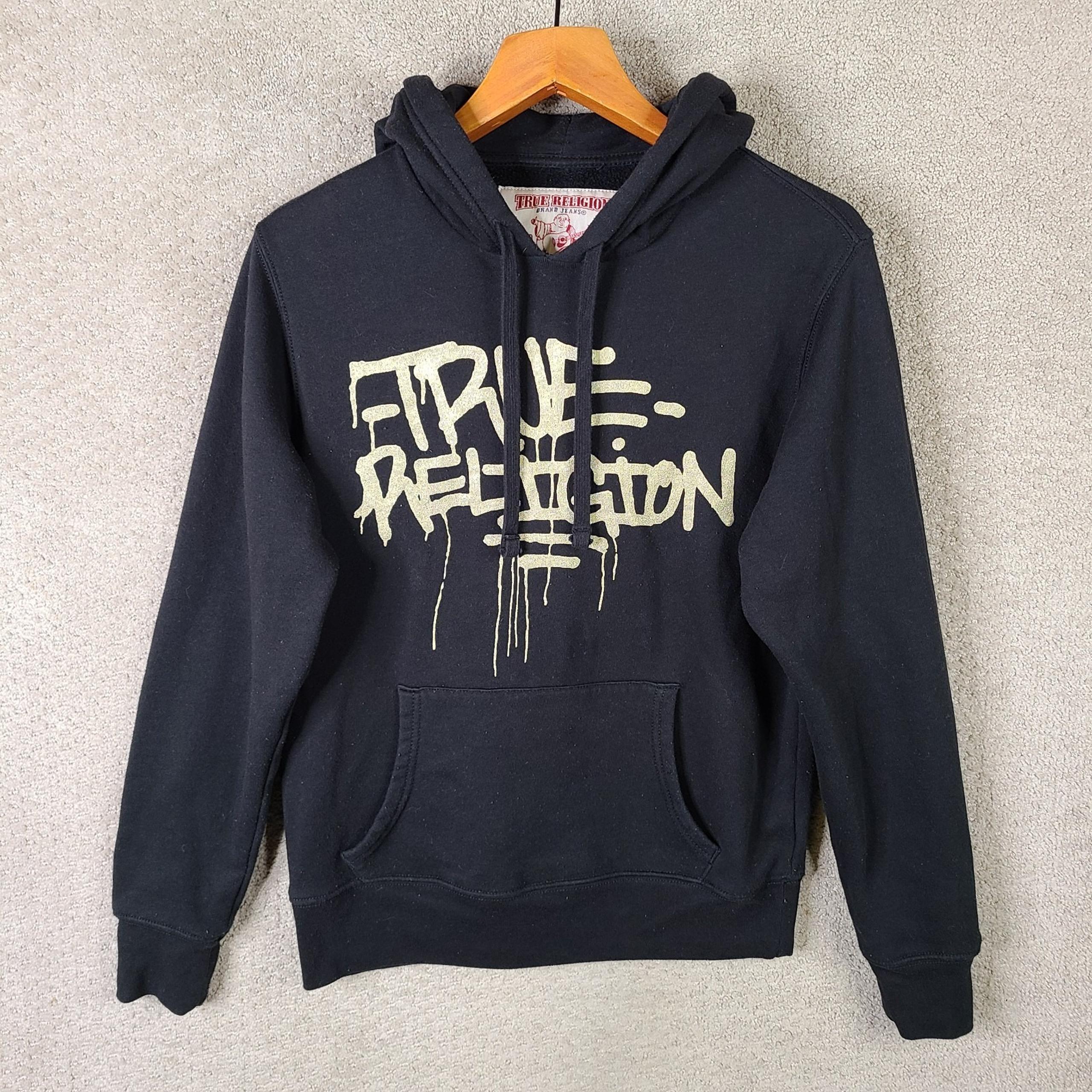 True Religion Hoodie Mens Small Black Gold Pullover Spell Out Hooded Sweatshirt