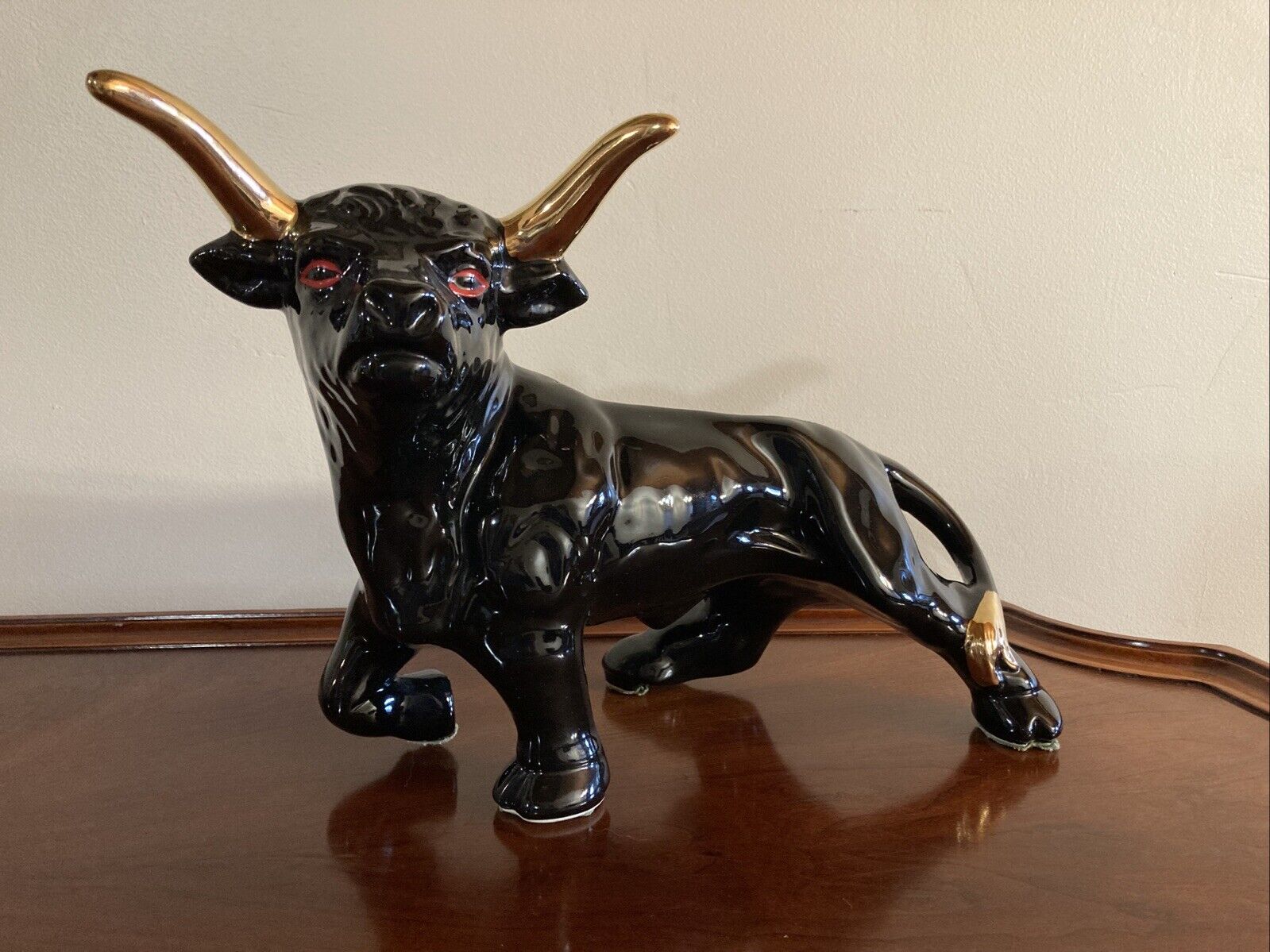Vintage MCM Ceramic Black Bull Planter with Red and Gold Accents, 10 H by 14 L