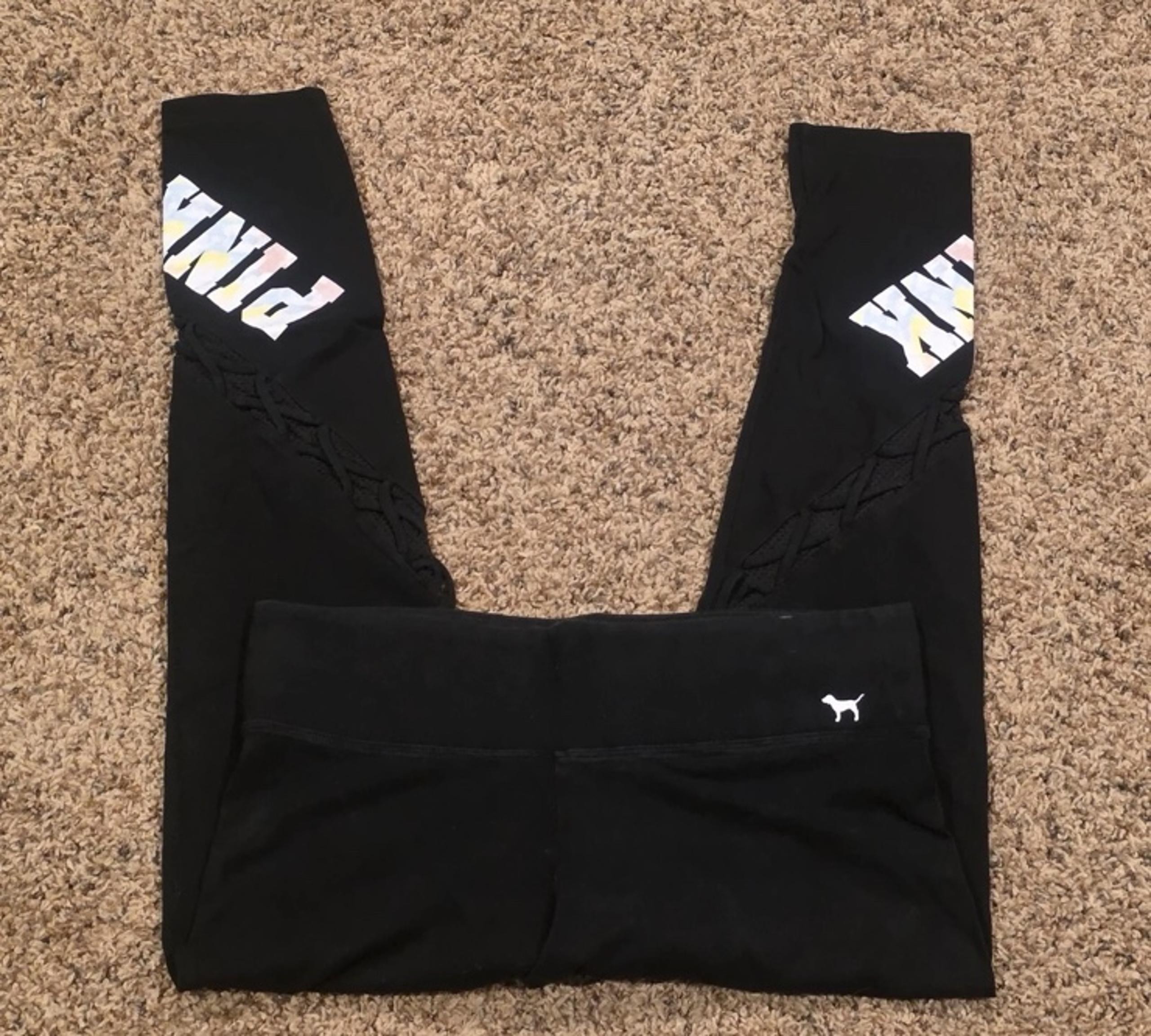 Pink Victoria Secret Yoga Leggings Womens Large Black Pink Logo Cozy Athletic
