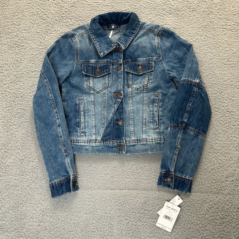 Free People Denim Jacket Womens XS Blue Cropped Distressed Button Front