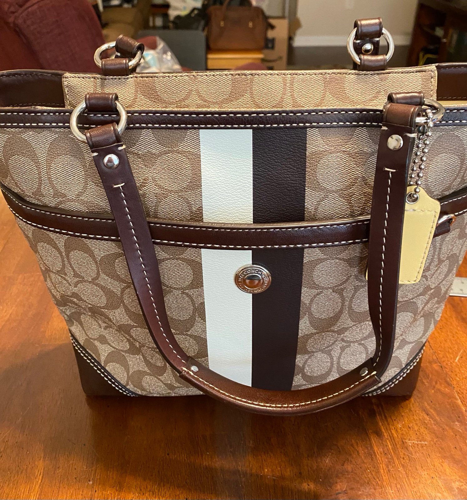 Coach Heritage Signature Stripe Canvas Leather Tote