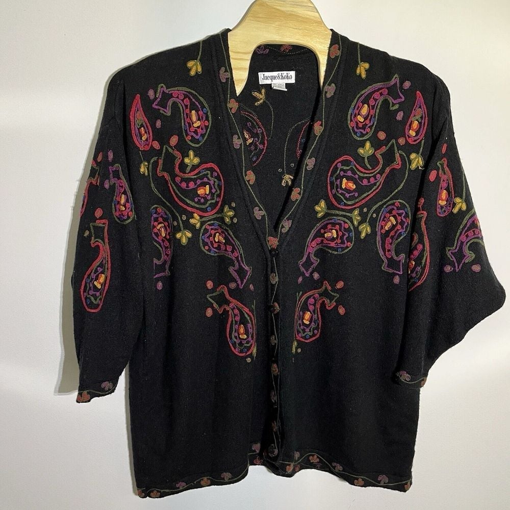 Vintage Jacque Koko Cardigan Sweater 26/28 Black Wool Blend Embroidered Paisley