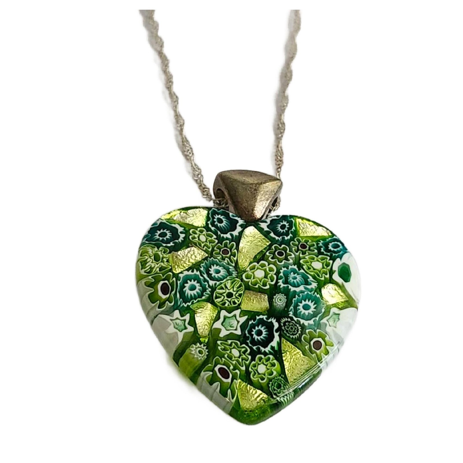 Vintage 925 Sterling Silver Millefiori Green Floral Heart Pendant Necklace
