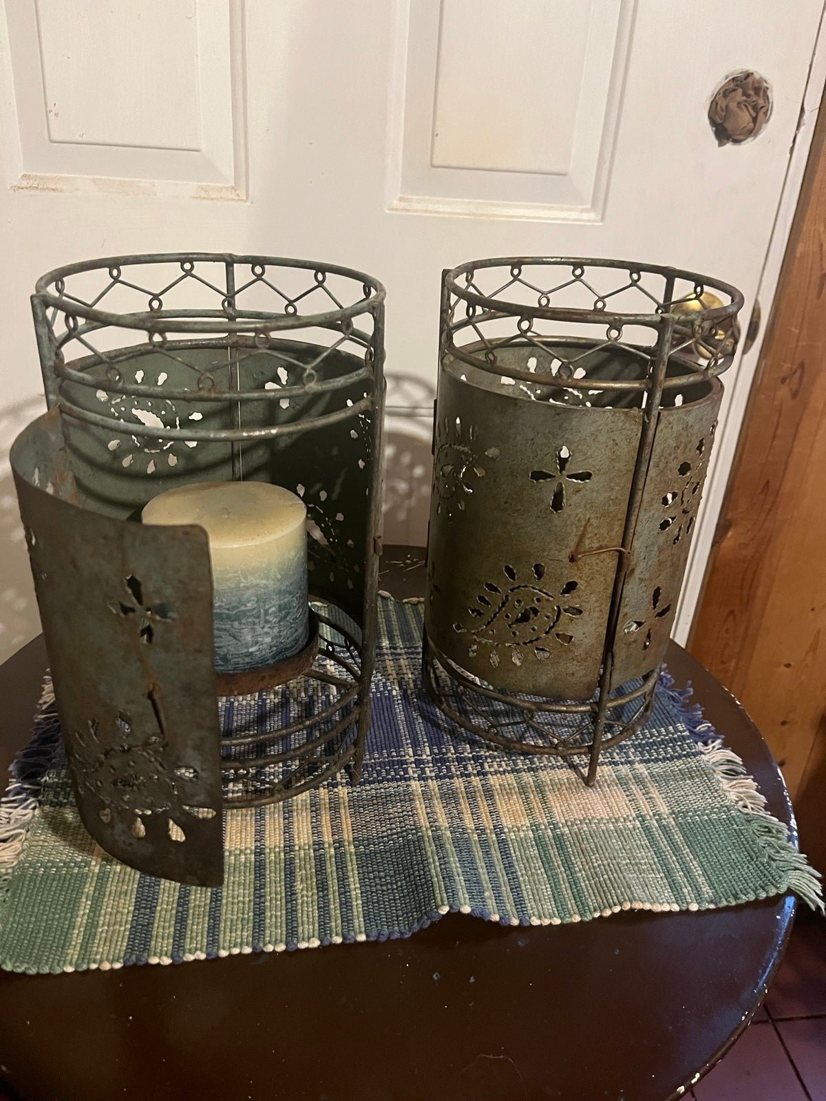 Pair of Vintage Hand Tooled Metal Candle Lanterns for Garden, Patio Etc