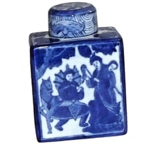 Chinese Vintage Blue White Porcelain Tea Caddy with Lid Figural - EUC